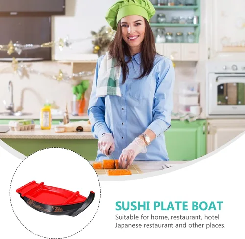 Vista 6 de Bandeja para servir sushi barco de 13.6 pulgadas, de plástico, estilo japonés, plato rectangular largo para platos de pescado Sashimi y presentación