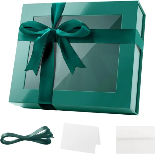 Vista 25 de PACKQUEEN Caja de regalo grande negra con ventana, 13.5 x 9 x 4.1 pulgadas, caja de regalo transparente para regalo, contiene cinta, tarjeta, caja