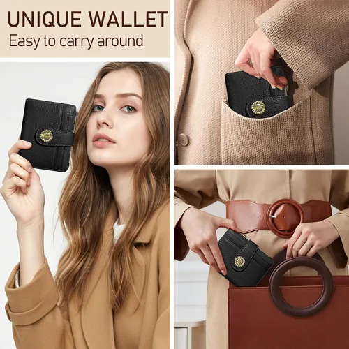 Vista 2 de Kelvoris Cartera pequeña Rfid para mujer, plegable, con cremallera, bolsillo para monedas, piel sintética, compacto, para tarjetas de crédito