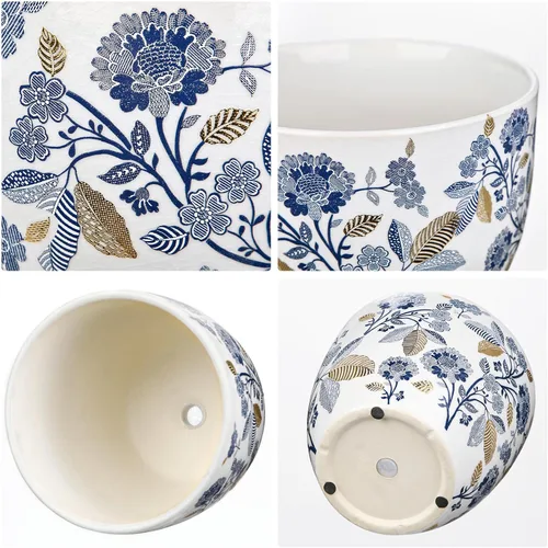 Vista 5 de Macetas decorativas azules y blancas, macetas de cerámica con acento dorado para plantas de interior, macetas con drenaje, maceta retro para floral