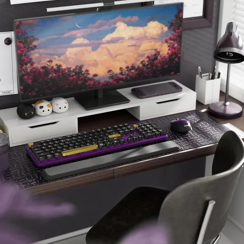 Vista 2 de Combo de teclado y mouse inalámbricos morado, teclado de máquina de escribir de tamaño completo con teclas completas, teclado de computadora retro