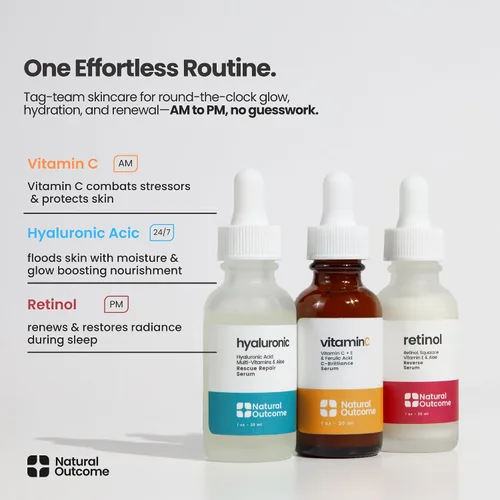Vista 3 de Natural Outcome Ácido hialurónico, suero facial de vitamina C y suero facial de retinol, suero facial antienvejecimiento nocturno y día, juego