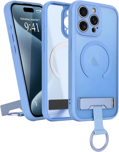 Vista 23 de Funda para iPhone 16 Pro Max, compatible con Magsafe, color negro Funda magnética mate translúcida, agarre de anillo de dedo, soporte ajustable