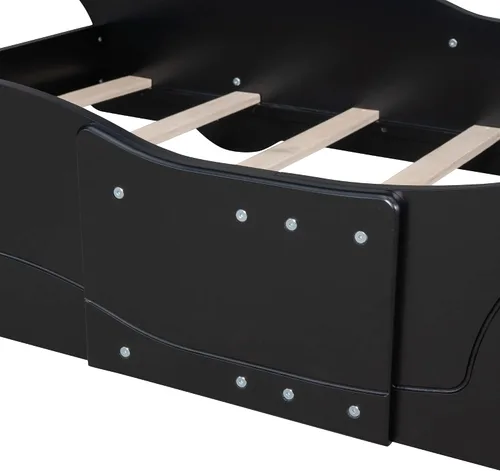 Vista 9 de anwickjeff Cama de plataforma en forma de auto de carreras con ruedas, cama de plataforma de madera tamaño individual con barandilla, cama