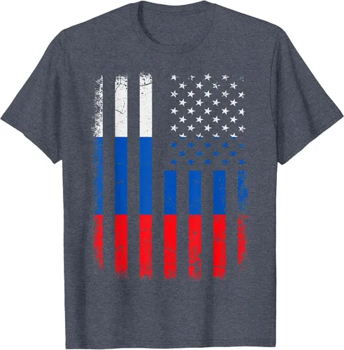 Vista 3 de Russian American Flag Russia America Pride Heritage T-Shirt Asphalt Grey