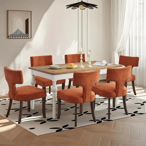 Vista 13 de SoarFlash Juego de 2 sillas de comedor modernas de madera, silla tapizada de tela de lino de granja, respaldo curvado con clavos de cobre alrededor