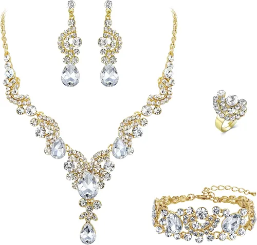 Vista 43 de Ever Faith - Conjunto de collar y aretes de lágrima con cristales de diamantes de imitación para novia, ondas florales