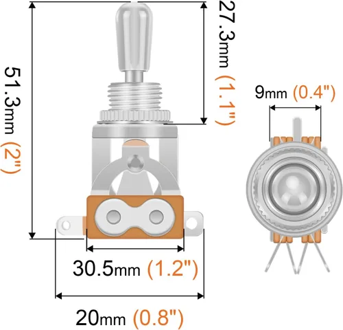 Vista 2 de SAPHUE Interruptor de palanca de 3 vías para guitarra de 3 vías, corto, recto, blanco perla, parte superior cromada, pomos cromados para Gibon