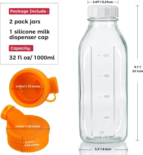Vista 5 de Botellas de leche de vidrio reutilizables de 32 onzas con tapa dispensadora de silicona, paquete de 2 frascos de vidrio con tapa hermética de rosca