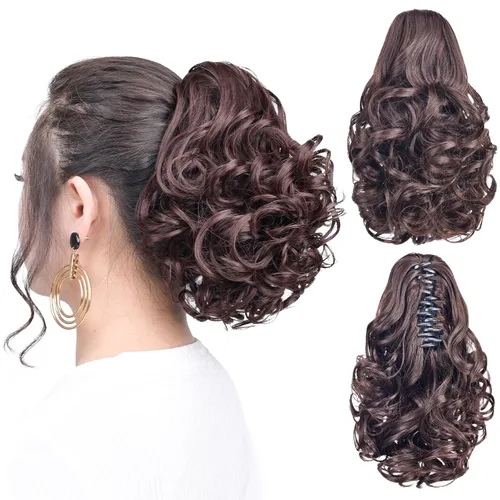 Vista 51 de Cola de caballo con clip, color castaño rojizo, ondulado de 10 pulgadas, extensión de cola de caballo de 3.3 onzas, extensiones de cabello sintético