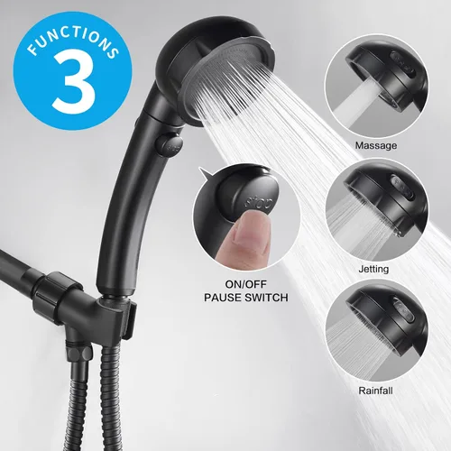 Vista 2 de Cabezal de regadera de mano de alta presión KAIYING con interruptor de pausa de encendido/apagado, varita de regadera con 3 modos de pulverización