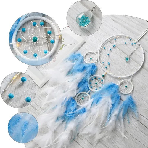 Vista 3 de KHOYIME Atrapasueños LED con luz de medio círculo con luna, luces, plumas hechas a mano, atrapasueños para dormitorio, decoración bohemia