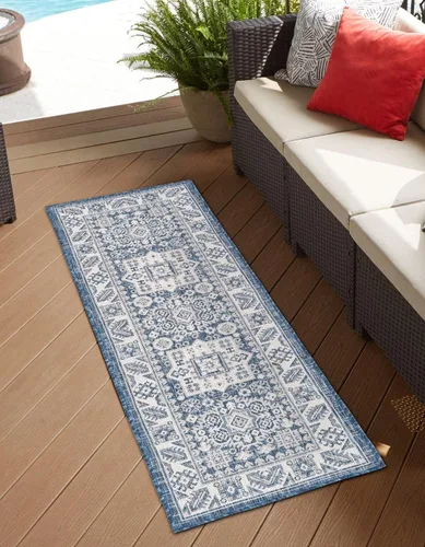 Vista 16 de Unique Loom Outdoor Aztec Collection Alfombra de área, Chalca (5 pies 3 pulgadas, octágono, aguamarina/marfil)