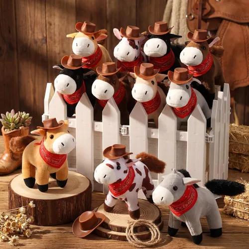 Vista 4 de 42 piezas Adopta un caballo de fiesta para niños, 12 mini caballos de peluche con pequeños sombreros de vaquero y 12 bandanas, manualidades para mi