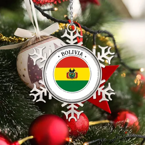 Vista 4 de Adorno de copo de nieve con bandera de Bolivia, adornos de árbol de Navidad, recuerdo de ciudad rural, adornos de Navidad personalizados 2022