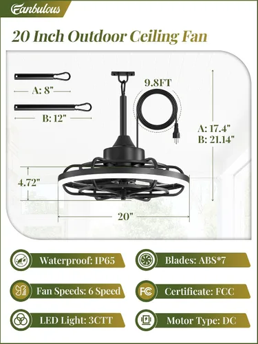 Vista 6 de Fanbulous Ventiladores de Techo para Exteriores con Luz para Patios, Ventilador de Techo Enchufable de 20" Resistente a la Intemperie, Ventilador