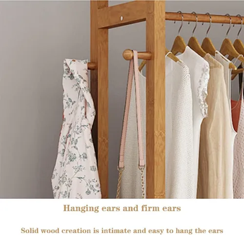 Vista 4 de Perchero de madera independiente para ropa, con 2 estantes de almacenamiento y 4 ganchos, ideal para almacenamiento de ropa de dormitorio