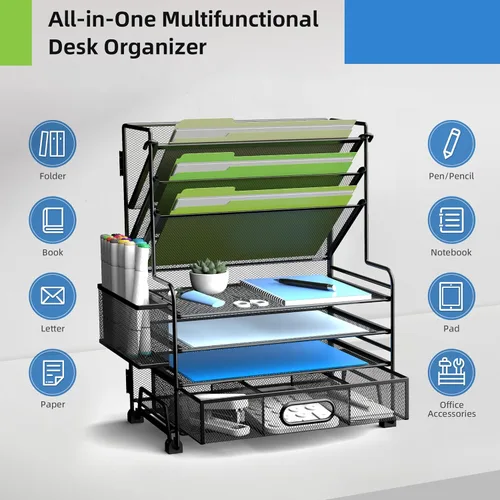 Vista 4 de MINDEPOT Organizador de papel de 4 niveles + soporte para archivos de 3 bolsillos + cajón + soportes para bolígrafos, organizador de archivos