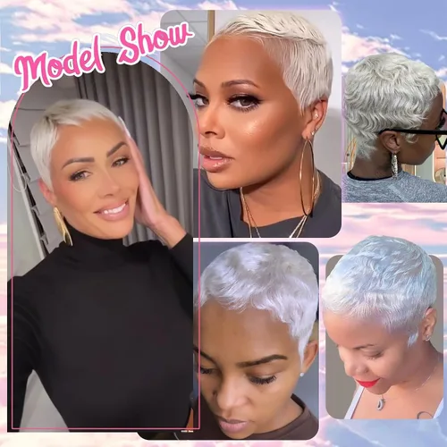 Vista 4 de Peluca Pixie blanca corta para mujeres negras, peluca blanca de corte pixie para mujeres negras, pelucas de pelo corto sintético en capas