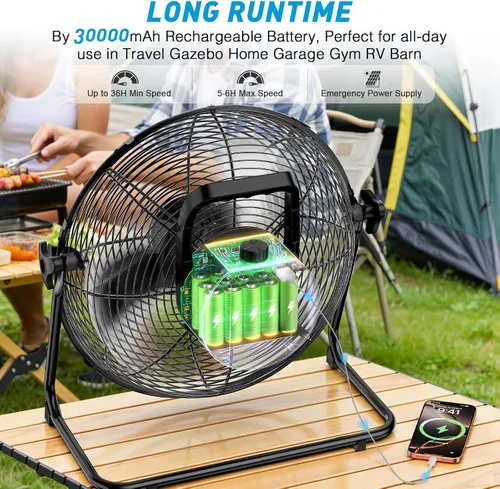 Vista 9 de DBF Ventilador solar de 20 pulgadas para exteriores, ventilador de piso recargable de 30000 mAh con panel solar de 40 W, 18 velocidades, tiempo