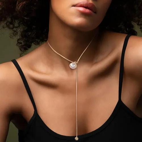 Vista 4 de Pearl Lariat Neckalce Dainty Y Shape Necklace for Women Pearl Chain Necklace for Teen Girls Gift (Gold)