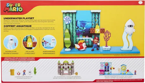 Vista 7 de Super Mario Juego submarino con pieza ambiental interactiva, figura articulada de Mario de 2.5 pulgadas y figura de calamar Blooper. Colecciona