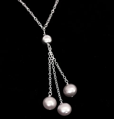 Vista 3 de Collar Lariat de plata de ley con 3 perlas cultivadas de agua dulce, 18 largo, Plata esterlina, Perla