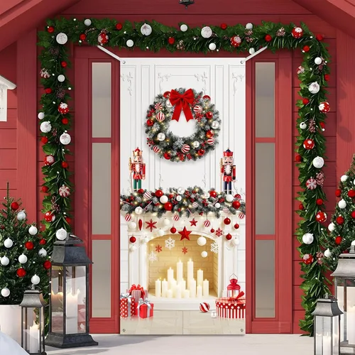 Vista 10 de Buryeah Decoración de puerta de Navidad, cubierta de puerta de chimenea de Navidad, pancarta de cascanueces de Navidad, telón de fondo, soporte