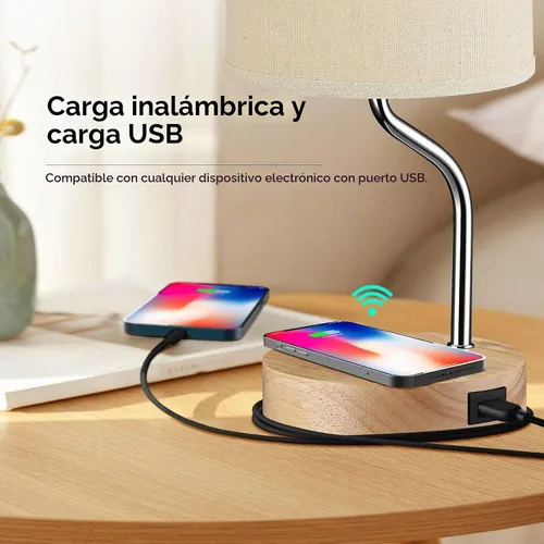 Vista 2 de Juego de 2 lámparas inteligentes de mesita de noche con cargador inalámbrico y puerto USB, lámpara LED de escritorio con control táctil para Juego