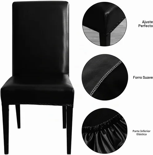 Vista 2 de Qubjus Fundas para sillas de comedor, de piel sintética sólida, impermeable, a prueba de aceite, elásticas, fundas protectoras para sillas de Negro