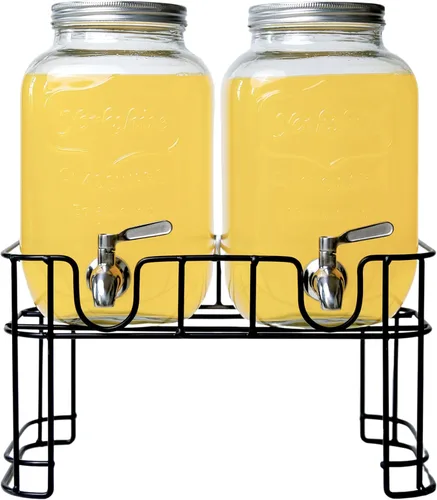 Vista 6 de Kitchentoolz Dispensadores de bebidas de vidrio de doble galón con infusor de frutas e inserto de hielo, espitas de acero inoxidable, soporte