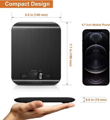 Vista 6 de CROWNFUL Báscula de Alimentos, Básculas Digitales de Cocina de 11 lb con Batería Tipo Moneda Integrada, Pesa en Onzas y Gramos para Cocinar y Negro