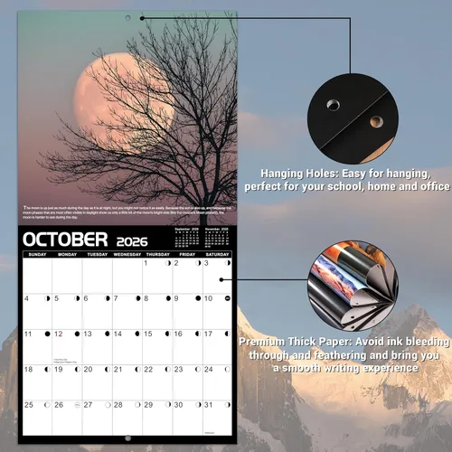 Vista 3 de Calendario de pared 2026, enero 2026 - diciembre 2026, 12 x 24 pulgadas (abierto), calendario 2026 con fases lunares, agujeros para colgar, bloques