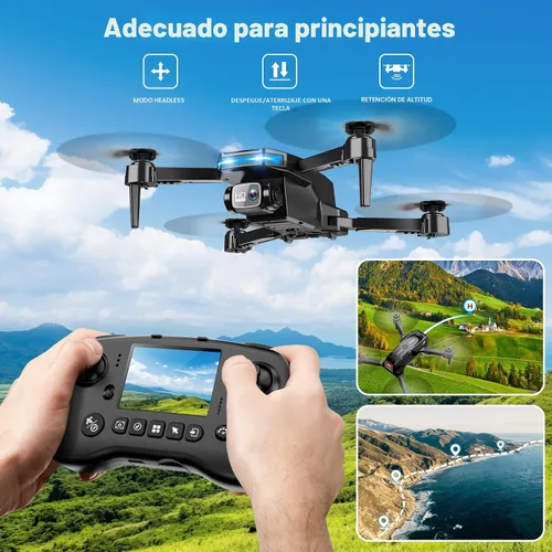 Vista 4 de Dron con cámara - Drone con pantalla en el controlador para principiantes, cuadricóptero de control remoto plegable con control de gestos, giro 3D