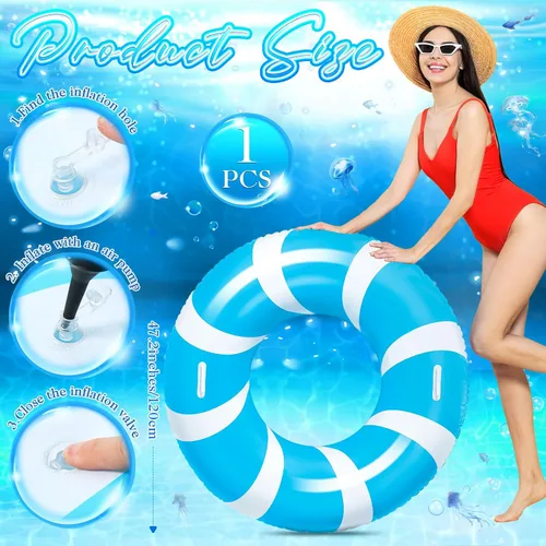 Vista 2 de WinnerWhy 1 anillo de natación azul jumbo con asas de 47.24 pulgadas, tubo inflable de flotador de piscina clásico a rayas para adultos, tumbonas