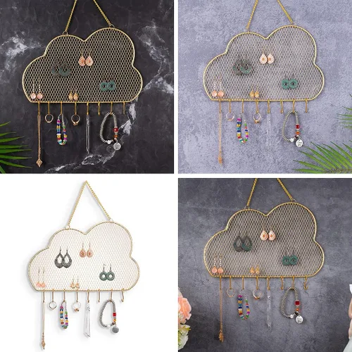 Vista 5 de Rolin Roly Organizador de pared para aretes, estante de joyería colgante con 8 ganchos en forma de nube para exhibir rejilla, pulsera dorada