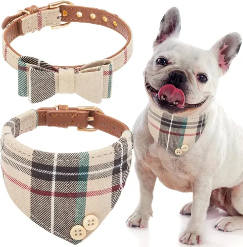 Vista 25 de EXPAWLORER Juego de collar y correa para cachorros, collar clásico a cuadros para perros pequeños con corbatín, bonito juego de collar y correa