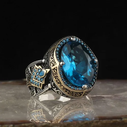Vista 2 de 925 Sterling Silver Aquamarine Stone Men Silver Ring, Handmade Blue Aquamarine Stone Men's Silver Ring, Vintage Men Ring, Turkish Ottoman Men Ring