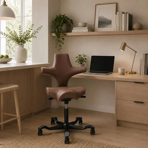 Vista 21 de HAG Capisco Sit to Stand Chair-Blush Rose Frame-Upholstered Black Onyx Vinyl