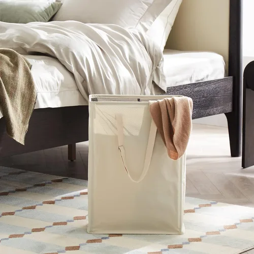 Vista 8 de TECHMILLY Cesta de lavandería delgada con asas largas ajustables, cestas pequeñas de lavandería de 45L con parte superior de malla, cesta de ropa