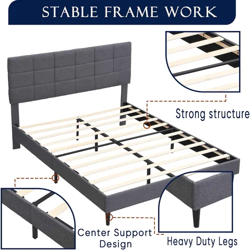 Vista 5 de Base de cama Queen con cabecera de tela, marco de cama tapizado, marco de cama resistente con soporte de listones de madera, base de colchón,