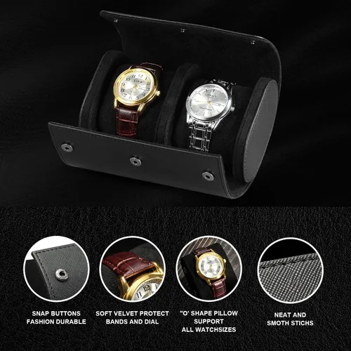 Vista 2 de Funda de viaje para reloj para hombres y mujeres, almacenamiento y organizador de 2 relojes con innovadoras almohadas extraíbles y separadores