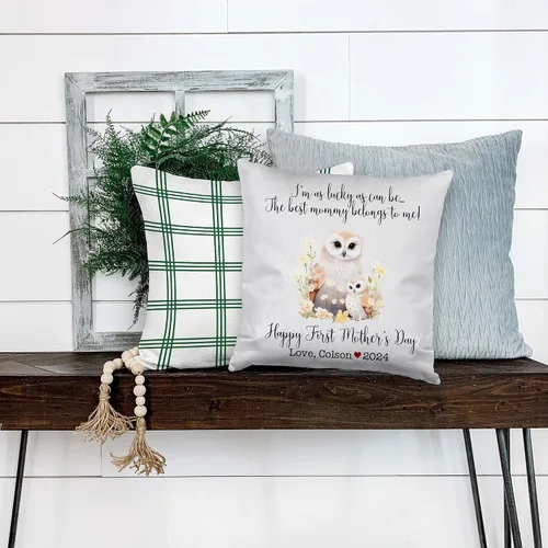 Vista 4 de Funda de almohada personalizada para el primer día de la madre, diseño floral de búho, funda de almohada personalizada para el día de la madre Búho