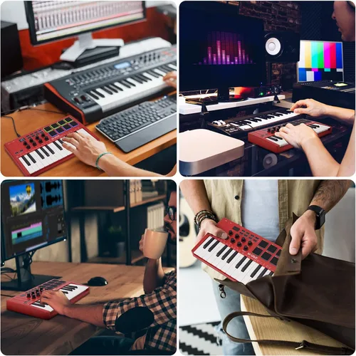 Vista 6 de M-VAVE Controlador de teclado MIDI USB de 25 teclas con 8 almohadillas de batería retroiluminadas, Bluetooth, teclado dinámico semi-pesado Rojo