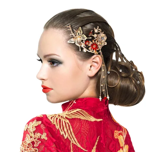 Vista 7 de FERCAISH Pinza para el pelo con borla de mariposa, estilo clásico, pinza para el cabello, accesorios para el cabello para ropa tradicional, fiesta