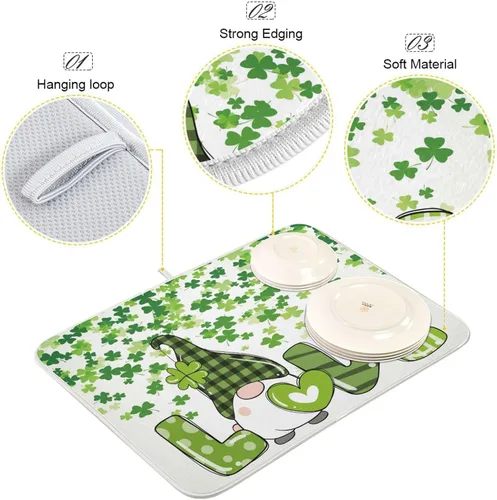 Vista 4 de Tapete de secado de platos de gnomos del día de San Patricio para encimera de cocina, tréboles, tapete de secado de microfibra, absorbente