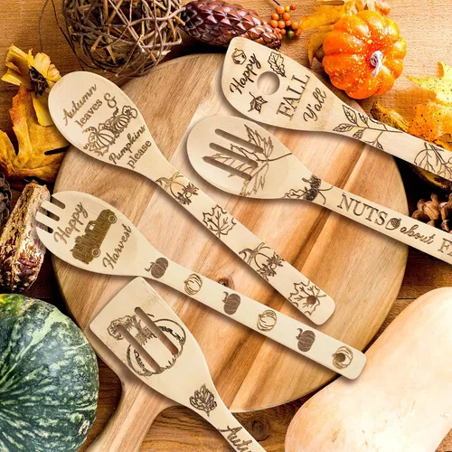 Vista 4 de Eartim Juego de utensilios de cocina de madera de otoño – 7 piezas de calabaza de otoño, utensilios de cocina de calabaza de otoño, cuchara de bambú