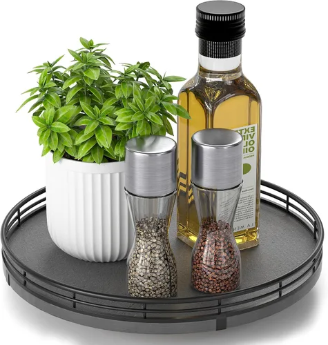 Vista 23 de Marble Lazy Susan - Tocadiscos para mesa, bandeja redonda de mármol de grano de madera antigua de 10 pulgadas para mesa de comedor, encimera de Negro