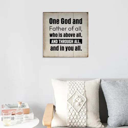 Vista 4 de Placa de pared con texto en inglés «One God and Father of All» (One God and Father of All), placa de madera motivacional para colgar en la pared