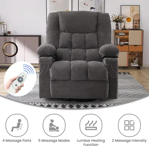 Vista 4 de BOSMILLER Silla reclinable de gran tamaño para adultos con masaje por vibración y calefacción lumbar, mecedora giratoria con soporte para tazas